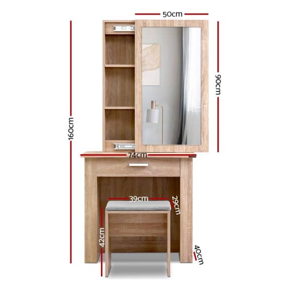 Artiss Dressing Table Stool Set Sliding Mirror Oak Demi - Image 2