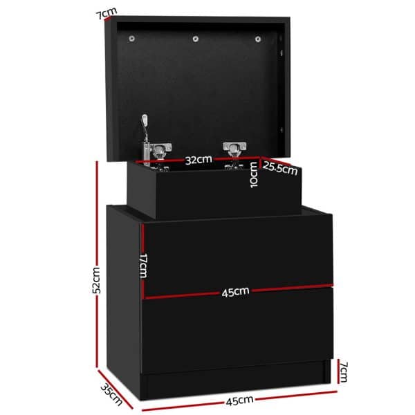 Artiss Bedside Table 2 Drawers Lift-up Storage - COLEY Black - Image 2