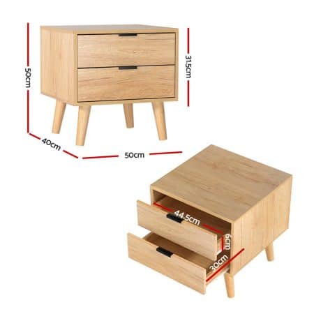 Artiss Bedside Table 2 Drawers - Pine - Image 2