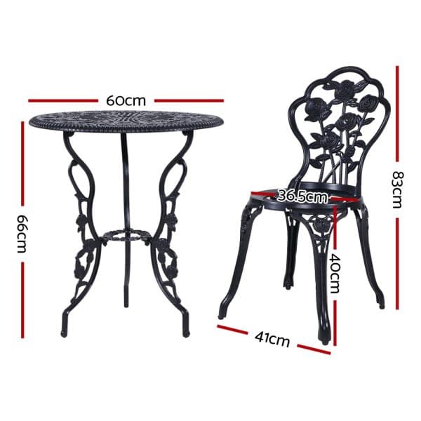 Gardeon 3PC Outdoor Setting Bistro Set Chairs Table Cast Aluminum Rose Black - Image 2