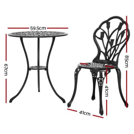 Gardeon 3PC Outdoor Setting Bistro Set Chairs Table Cast Aluminum Patio Furniture Tulip Black - Image 2
