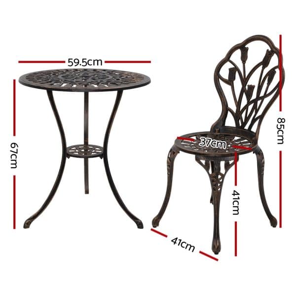 Gardeon 3PC Outdoor Setting Bistro Set Chairs Table Cast Aluminum Patio Furniture Tulip Bronze - Image 2