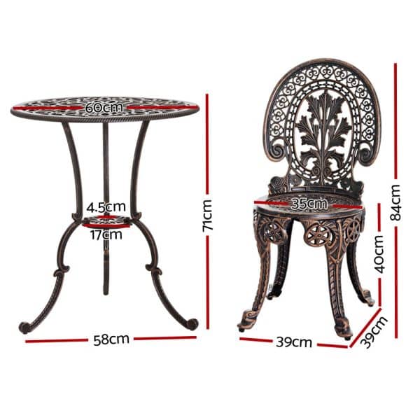 Gardeon 3PC Patio Furniture Outdoor Bistro Set Dining Chairs Aluminium Bronze - Image 2