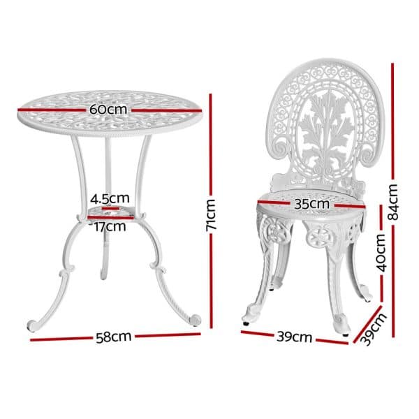 Gardeon 3PC Patio Furniture Outdoor Bistro Set Dining Chairs Aluminium White - Image 2