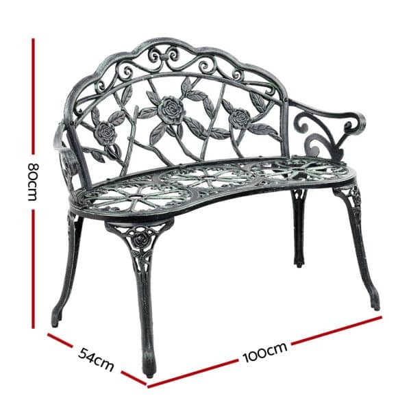 Gardeon Outdoor Garden Bench Seat 100cm Cast Aluminium Patio Chair Vintage Green - Image 2