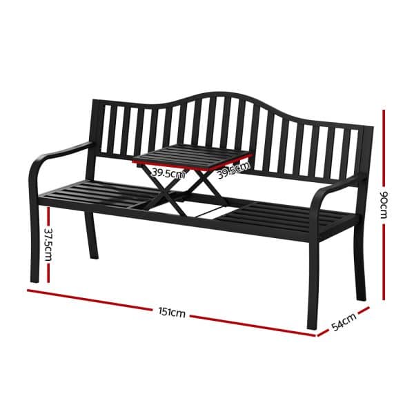 Gardeon Outdoor Garden Bench Seat Loveseat Steel Foldable Table Patio Furniture Black - Image 2