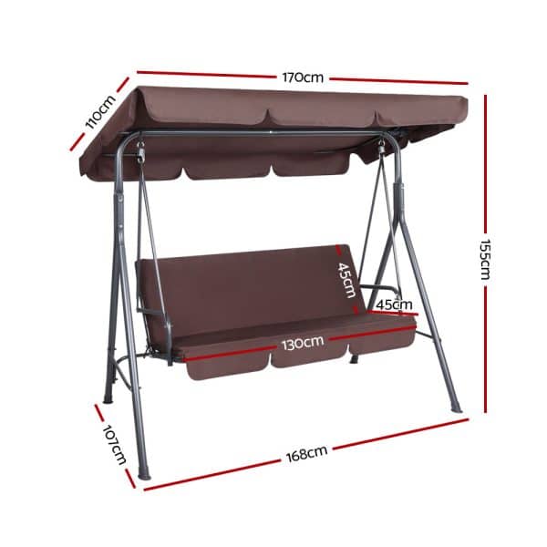 Gardeon Outdoor Swing Chair Garden Bench Furniture Canopy 3 Seater Brown - Image 2
