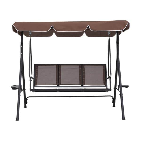 Gardeon Outdoor Swing Chair Garden Furniture Canopy Cup Holder 3 Seater Brown - Image 2