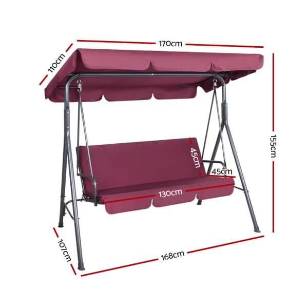 Gardeon Outdoor Swing Chair Garden Bench Furniture Canopy 3 Seater Wine Red - Image 2