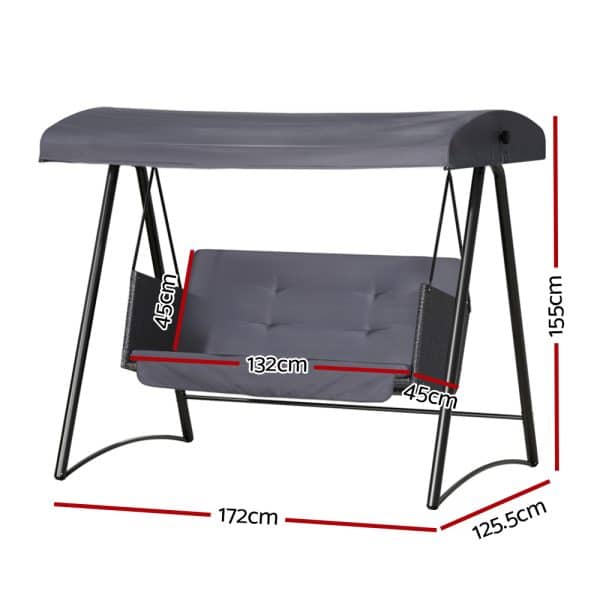 Gardeon Outdoor Swing Chair Garden Bench Furniture Canopy 3 Seater Rattan Grey - Image 2