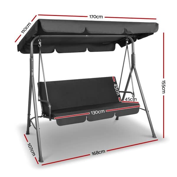Gardeon Outdoor Swing Chair Garden Bench Furniture Canopy 3 Seater Black - Image 2