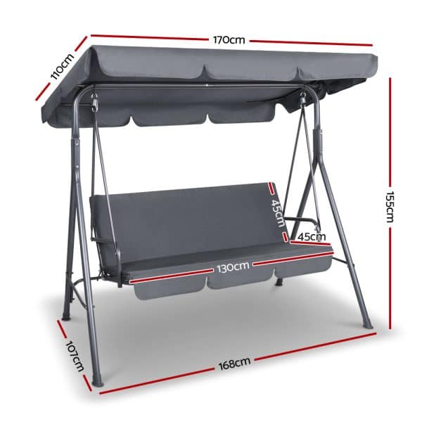 Gardeon Outdoor Swing Chair Garden Bench Furniture Canopy 3 Seater Grey - Image 2