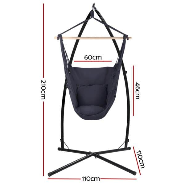Gardeon Hammock Chair Outdoor Camping Hanging with Steel Stand Grey - Image 2