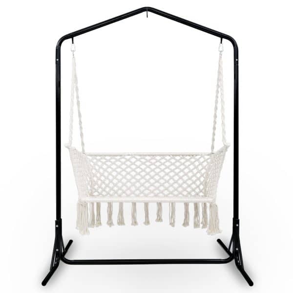 Gardeon Hammock Chair with Stand Macrame Outdoor Garden 2 Seater Cream - Image 2