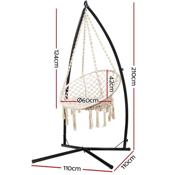 Gardeon Hammock Chair with Steel Stand Macrame Outdoor Swinging Cream - Image 2
