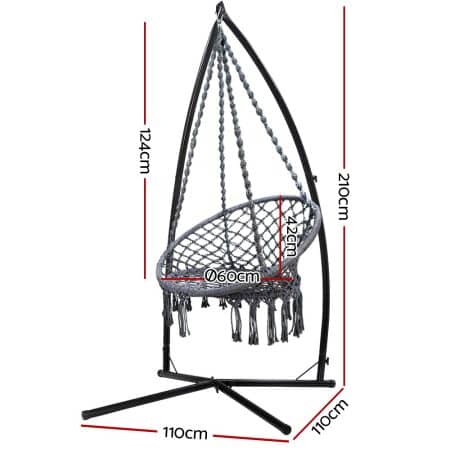 Gardeon Hammock Chair with Steel Stand Macrame Outdoor Swinging Grey - Image 2