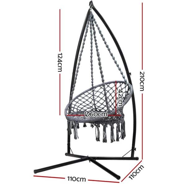 Gardeon Hammock Chair with Steel Stand Macrame Outdoor Swinging Grey - Image 2