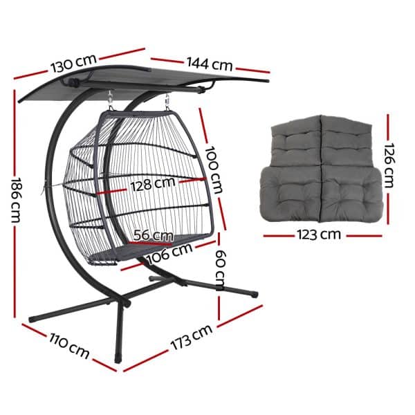 Gardeon Outdoor Egg Swing Chair Wicker Furniture Pod Stand Canopy 2 Seater Grey - Image 2