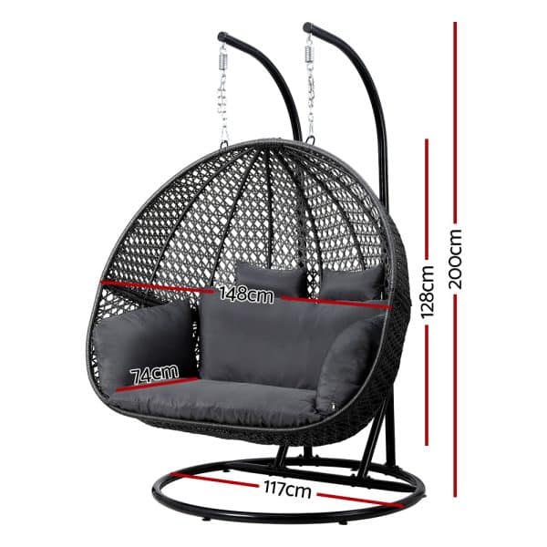 Gardeon Outdoor Egg Swing Chair Hanging Pod Chair Wicker Cushion 2 Person Grey - Image 2