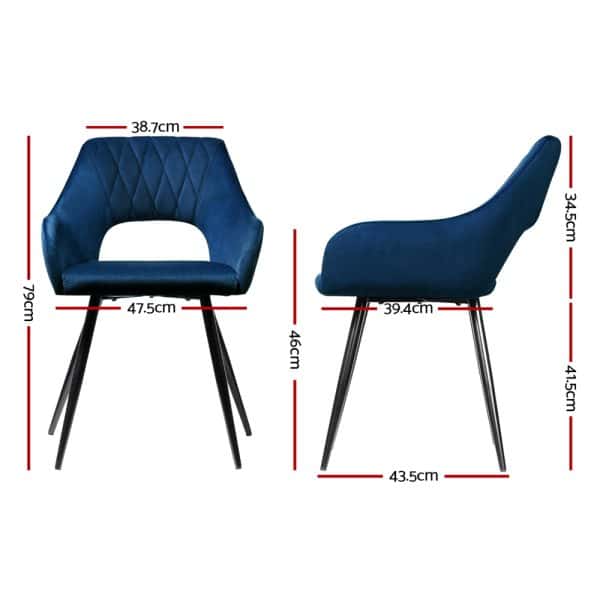 Artiss Dining Chairs Set of 2 Velvet Hollow Armchair Blue - Image 2