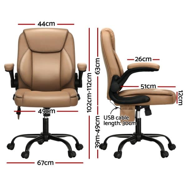 Artiss 2 Point Massage Office Chair Leather Mid Back Brown - Image 2
