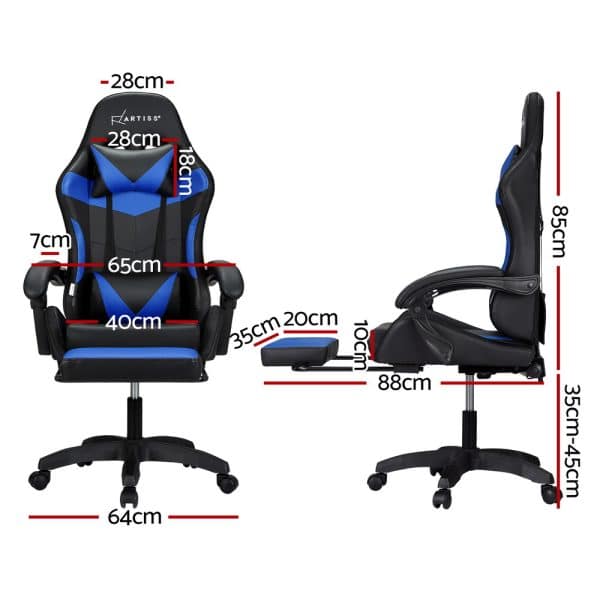 Artiss 6 Point Massage Gaming Office Chair 7 LED Footrest Blue - Image 2