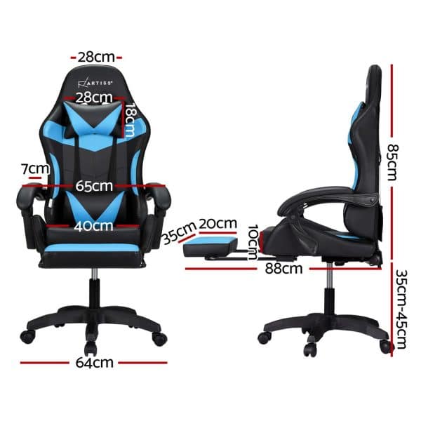 Artiss 6 Point Massage Gaming Office Chair 7 LED Footrest Cyan Blue - Image 2