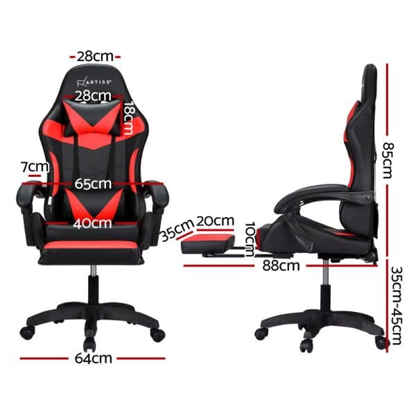 Artiss 6 Point Massage Gaming Office Chair 7 LED Footrest Red - Image 2