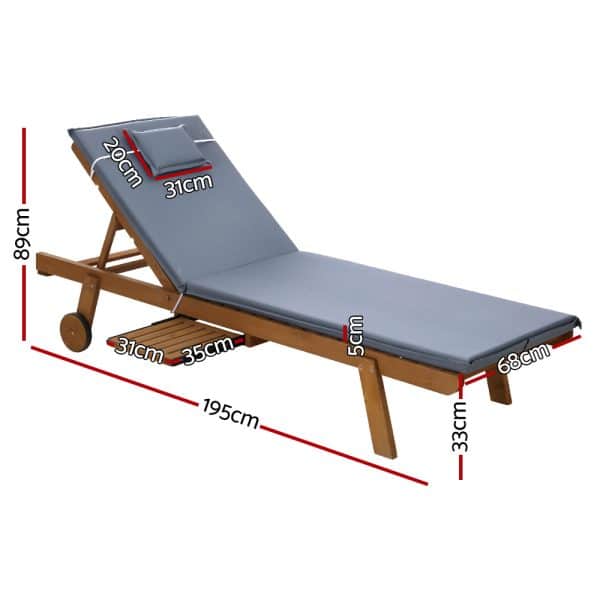 Gardeon 2x Sun Lounge Wooden Lounger Outdoor Furniture Day Bed Wheel Patio Grey - Image 2