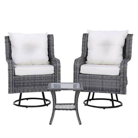 Gardeon 3PC Outdoor Furniture Bistro Set Lounge Wicker Swivel Chairs Table Cushion Grey - Image 2