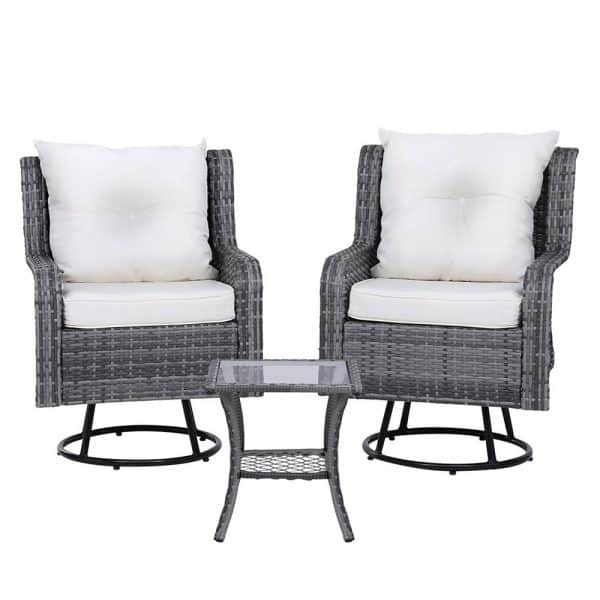 Gardeon 3PC Outdoor Furniture Bistro Set Lounge Wicker Swivel Chairs Table Cushion Grey - Image 2