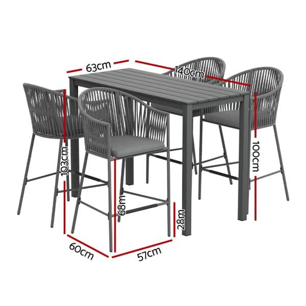 Gardeon 5-Piece Outdoor Bar Set Dining Table Rope Chair Patio Bistro Set - Image 2