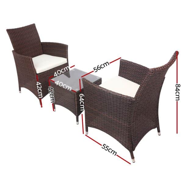 Gardeon 3PC Outdoor Bistro Set Patio Furniture Wicker Setting Chairs Table Cushion Brown - Image 2