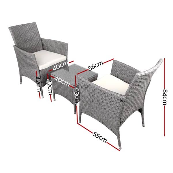 Gardeon 3PC Outdoor Bistro Set Patio Furniture Wicker Setting Chairs Table Cushion Grey - Image 2