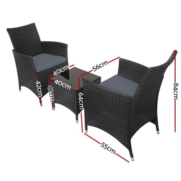 Gardeon 3PC Outdoor Bistro Set Patio Furniture Wicker Chairs Table Cushion All Black - Image 2