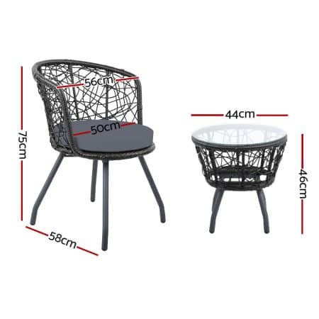Gardeon 3PC Bistro Set Outdoor Furniture Rattan Table Chairs Patio Garden Cushion Black - Image 2