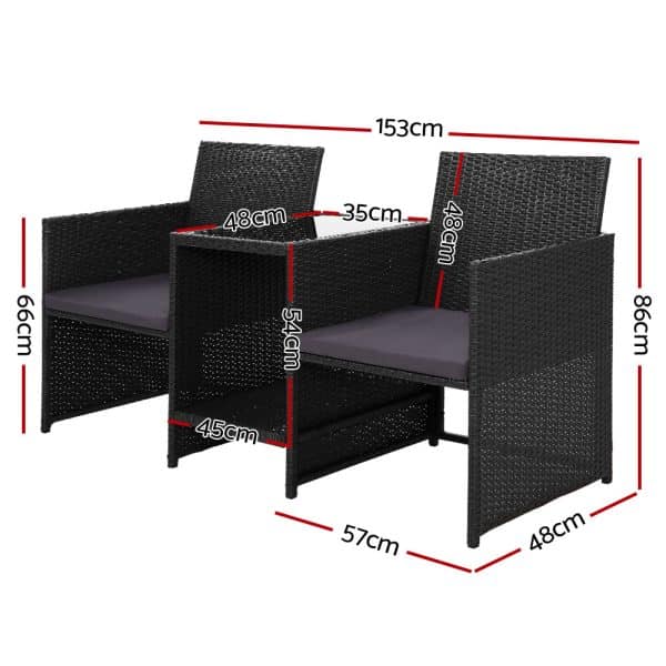 Gardeon Outdoor Setting Wicker Loveseat Birstro Set Patio Garden Furniture Black - Image 2