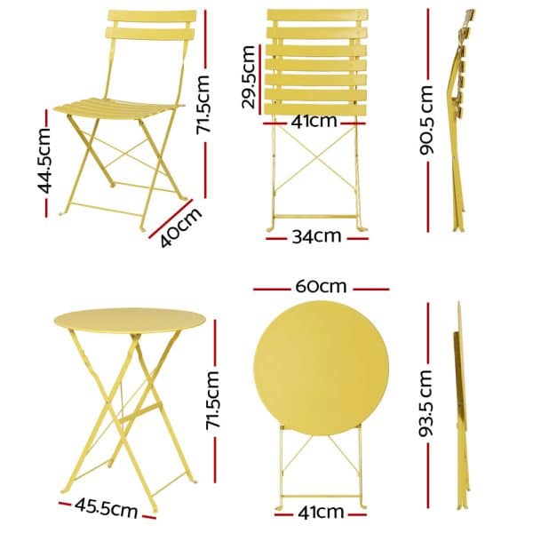 Gardeon 3PC Outdoor Bistro Set Steel Table and Chairs Patio Furniture Yellow - Image 2