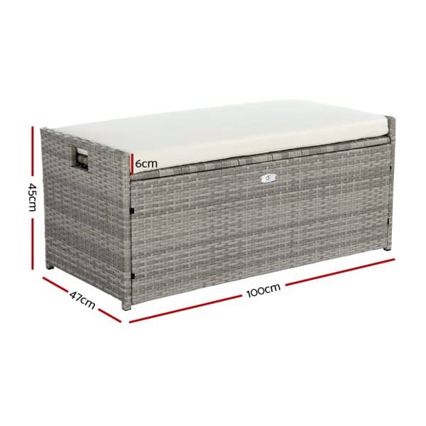 Gardeon Outdoor Storage Bench Box Wicker Garden Sheds Tools Cushion Patio Furniture Grey - Image 2
