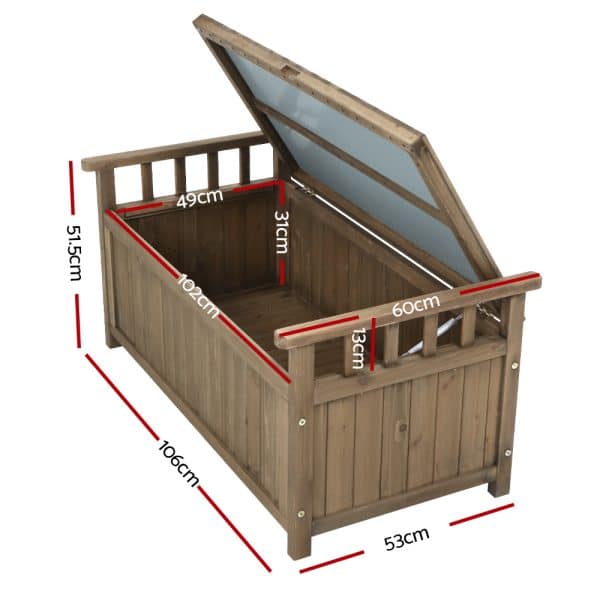 Gardeon Outdoor Storage Bench Box Wooden Garden Toy Tool Sheds Patio Furniture Brown - Image 2