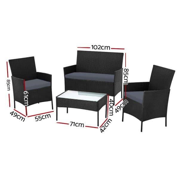Gardeon 4 Seater Outdoor Sofa Set with Storage Cover Wicker Table Chair Black - Image 2