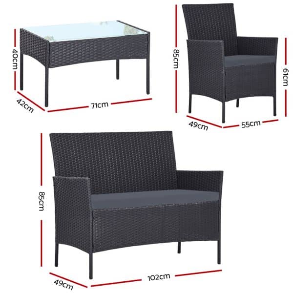 Gardeon 4 Seater Outdoor Sofa Set Wicker Setting Table Chair Furniture Dark Grey - Image 2
