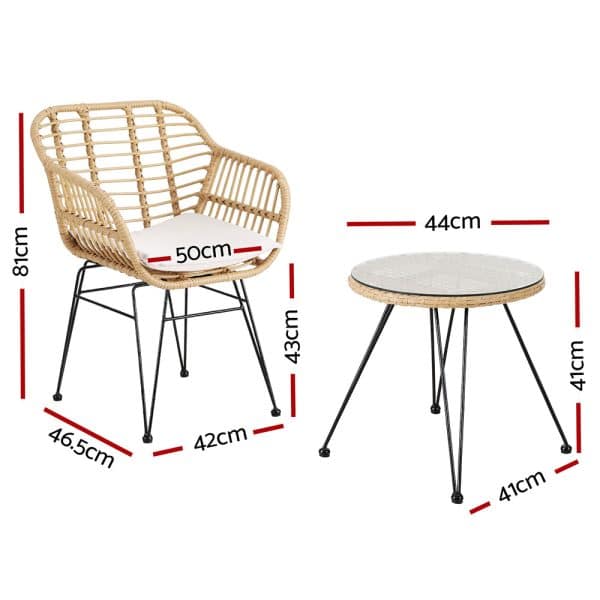 Gardeon 3PC Outdoor Furniture Bistro Set Lounge Setting Table Chairs Cushion Patio Grey - Image 2