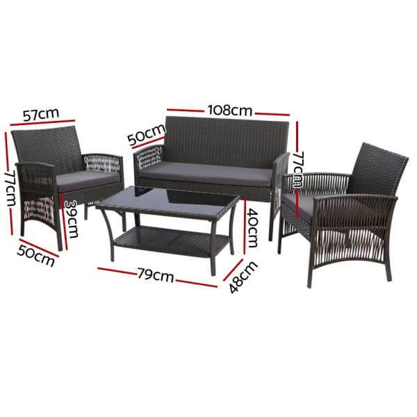 Gardeon 4PCS Outdoor Sofa Set with Storage Cover Wicker Harp Chair Table Grey - Image 2