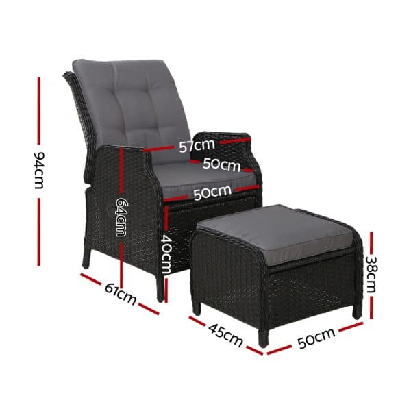 Gardeon Recliner Chair Sun lounge Wicker Lounger Outdoor Furniture Patio Adjustable Black - Image 2