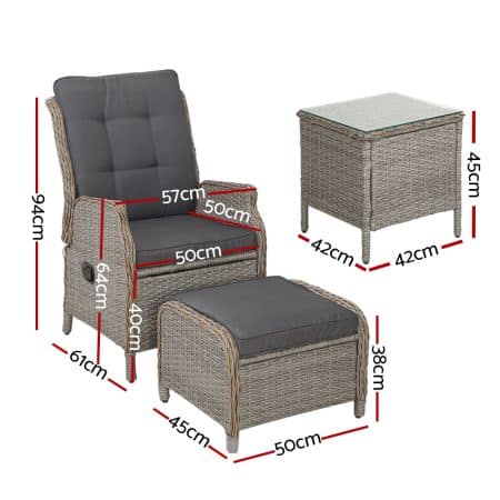 Gardeon 5PC Recliner Chairs Table Sun lounge Wicker Outdoor Furniture Adjustable Grey - Image 2