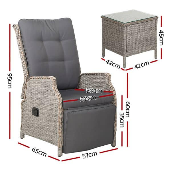 Gardeon 3PC Recliner Chairs Table Sun lounge Outdoor Furniture Wicker Adjustable Grey - Image 2