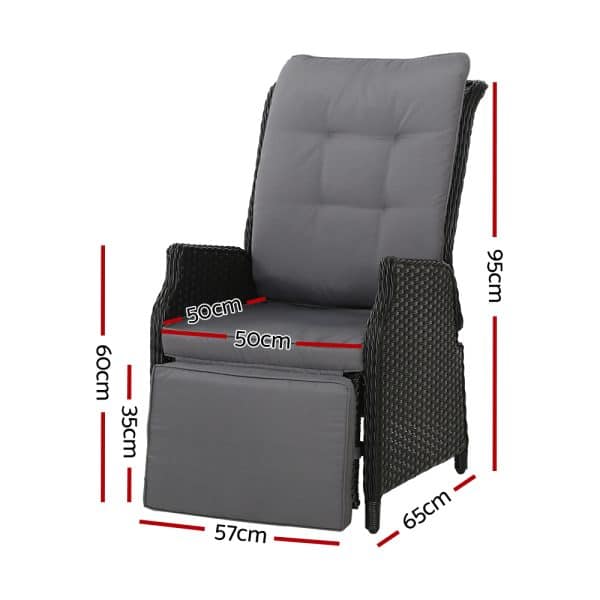 Gardeon 2PC Recliner Chairs Sun lounge Wicker Lounger Outdoor Furniture Adjustable Black - Image 2