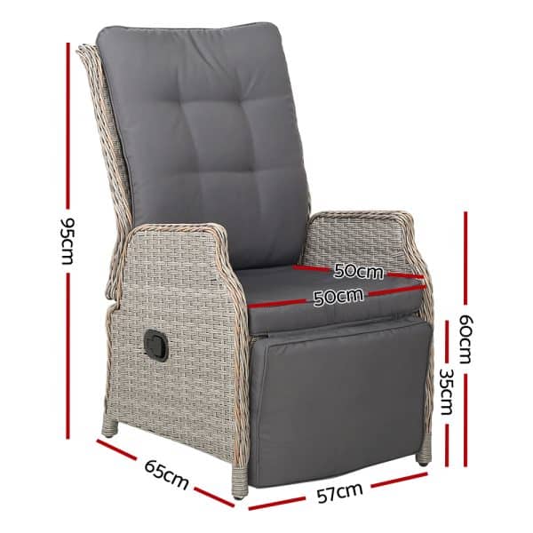Gardeon 2PC Recliner Chairs Sun lounge Wicker Lounger Outdoor Furniture Adjustable Grey - Image 2