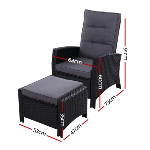 Gardeon 2PC Recliner Chairs Sun lounge Wicker Lounger Outdoor Furniture Adjustable Black - Image 2